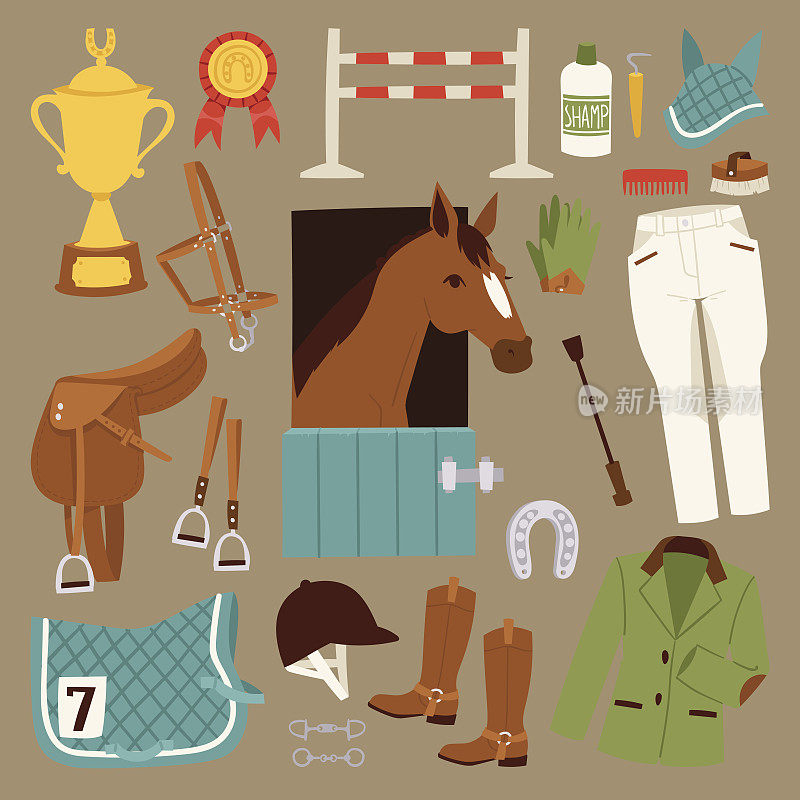 Flat color jockey icons set with equipment for riding isolated and horseshoe saddle sport race马术种马障碍矢量插图